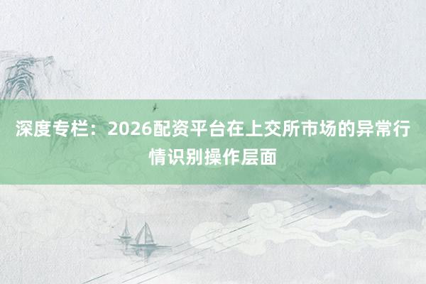 深度专栏：2026配资平台在上交所市场的异常行情识别操作层面